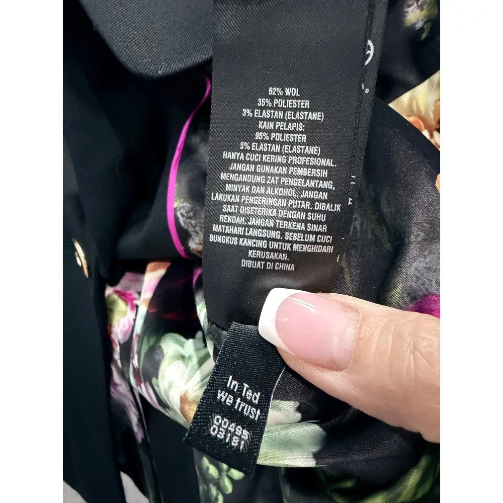 Ted Baker Blazer Women 1 Black Miako Wool Blend‎ Floral Lining Jacket